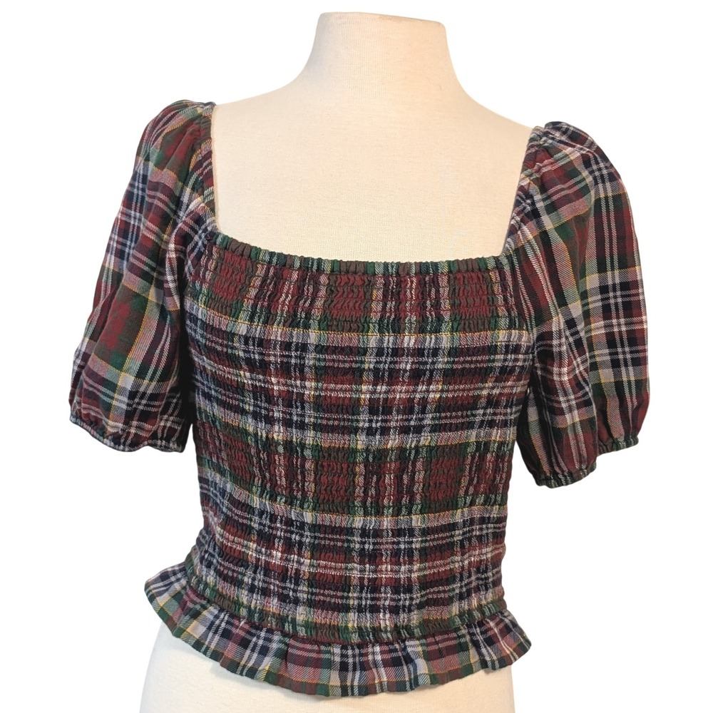 American Eagle Smocked Plaid Crop Top Short Puff Sleeve Square Neck‎ M Y2K Retro - Picture 2 of 10